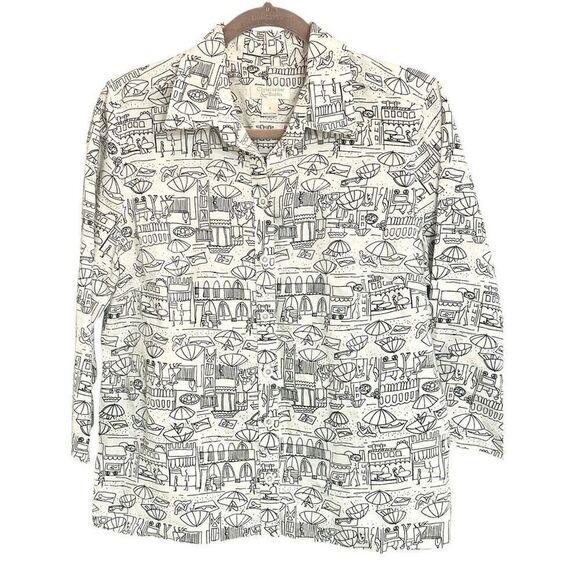 Christopher & Banks Black & White Beach Print Button Up Linen Blend Resort Wear - Picture 1 of 6
